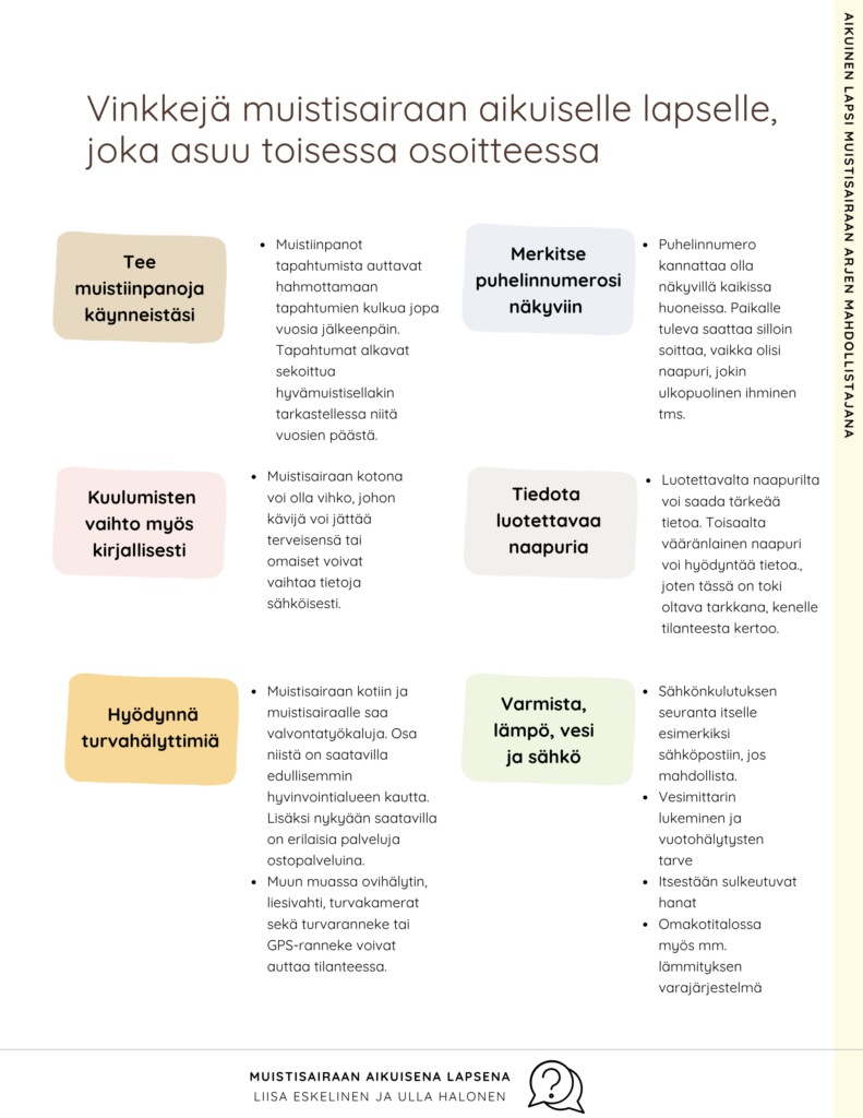 Vinkkejä toisessa osoitteessa asuvalle muistisairaan aikuiselle lapselle
